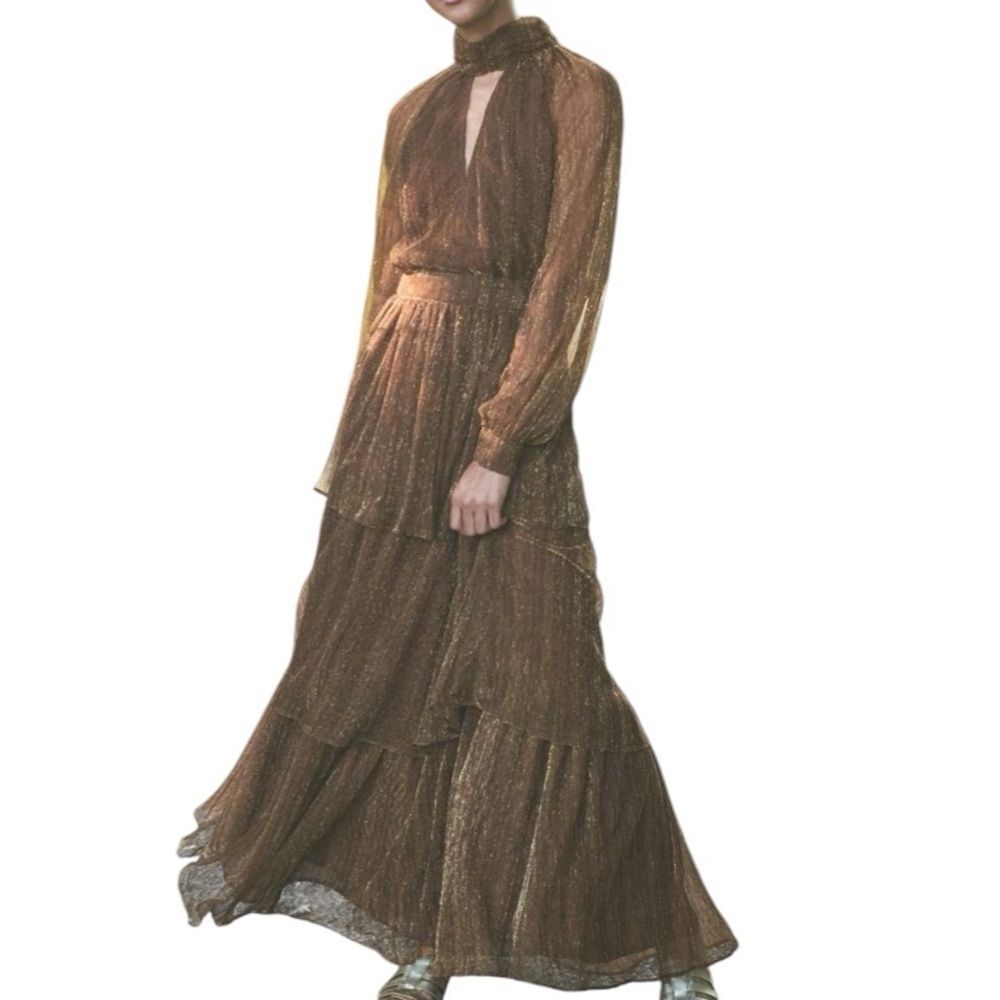 The Odells Shimmer Loretta Long Sleeve Tiered Open Back Keyhole Sz XL Brown